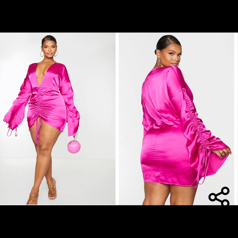 Plus Fuchsia Satin Plunge Ruched Front Dress